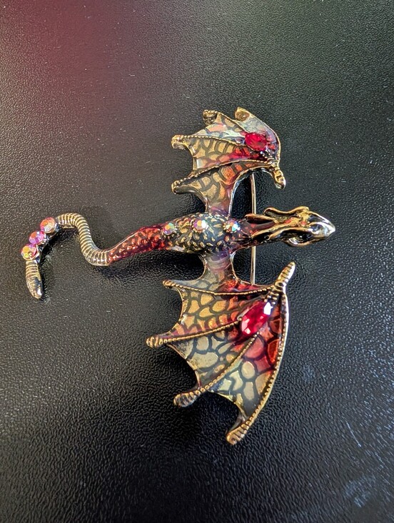 None Jewelry - Red Dragon Enamel Brooch with Red Crystal Accents